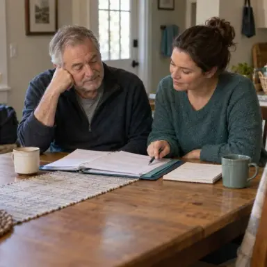 Adult and family member reviewing hospital discharge papers at a kitchen table