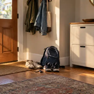 Shoes, a backpack and keys have landed beside a closed storage cabinet in a home entryway.